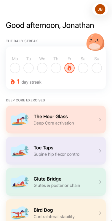 Deep Core home screen showing the daily streak and five deep-core exercises