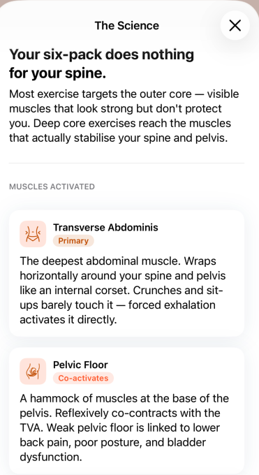 The Science screen explaining which deep core muscles each exercise activates